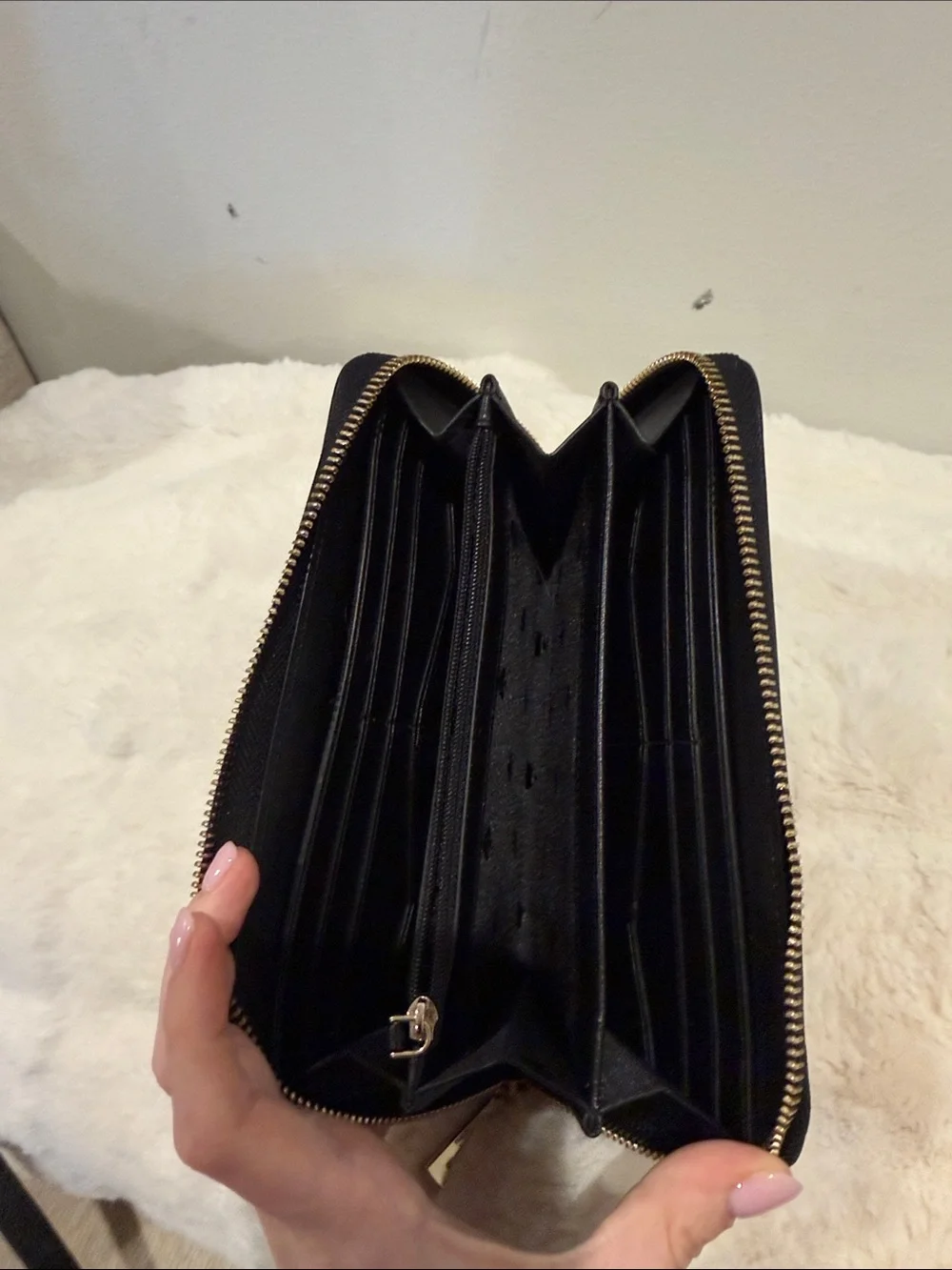 kate spade Black Saffiano Zip Wallet with Gold Logo